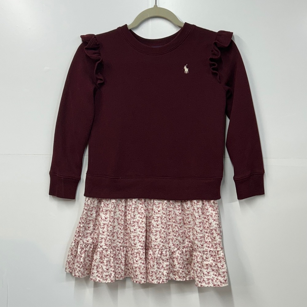 Polo Ralph Lauren Girls Burgundy Sweatshirt Ruffle Floral Tiered Dress  M 8-10